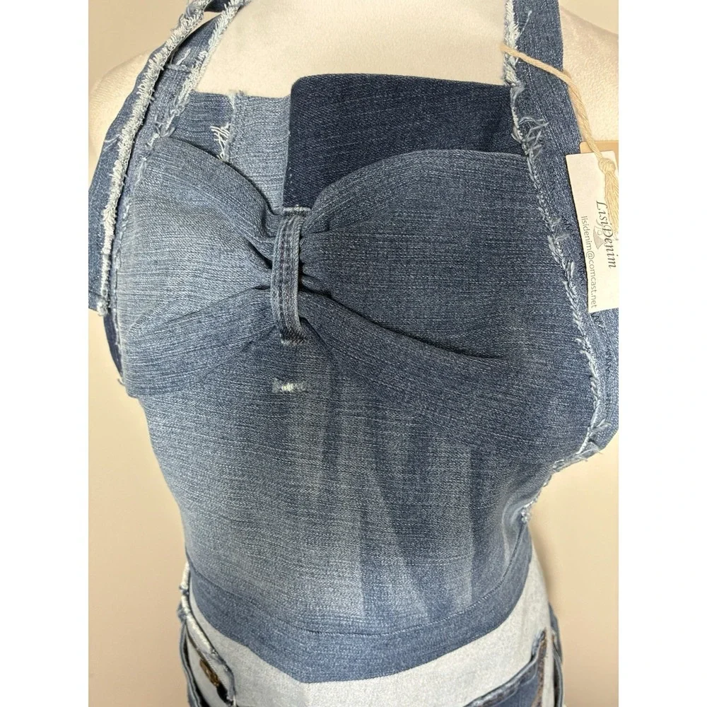Handmade Recycled Denim Apron Blue OS Boho Tie Back Ajustable‎ Neck Strap